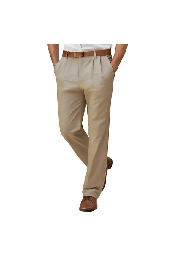 Linen Work Pants for Men Pleated Straight Leg Dress Pant Summer Solid Color Office Trousers with Pocket Khaki M
