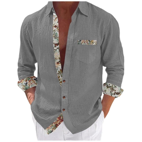 Dagegui Long Sleeve Shirt for Men Breathable Linen Shirts Patchwork Button Down Turndown Collar T-Shirt Casual Beach Tee Tops with Chest Pocket Gray XXL