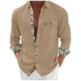 thumbnail image 1 of Dagegui Long Sleeve Shirt for Men Breathable Linen Shirts Patchwork Button Down Turndown Collar T-Shirt Casual Beach Tee Tops with Chest Pocket Khaki M, 1 of 6