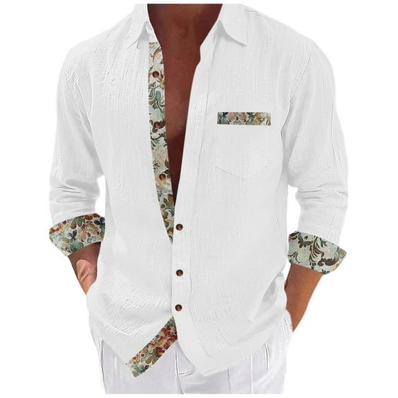 Dagegui Long Sleeve Shirt for Men Breathable Linen Shirts Patchwork Button Down Turndown Collar T-Shirt Casual Beach Tee Tops with Chest Pocket White XXL