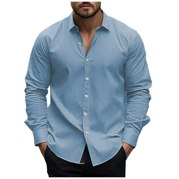 Dagegui Long Sleeve Shirts for Men Casual Button Down Collared Shirt Solid Color Slim Fit Work Tees Dressy Holiday Party T-Shirts Light Blue,XL