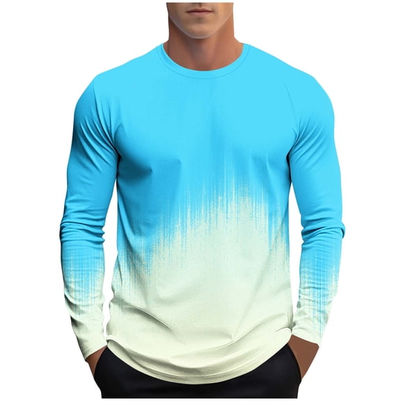 Dagegui Long Sleeve Shirts for Men Gradient Color Crewneck Tops Big and Tall Athletic Tee Gym Workout Muscle T-Shirt Light Blue XXL
