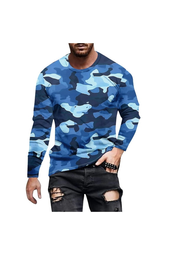 Long Sleeve T Shirt for Men Fashion Camo Printed Crewneck Shirts Casual Comfy Pullover Tops Outdoor Vacation Travel Tees Blue,XXL
