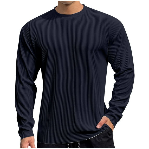 Dagegui Men's Casual Shirts Knitted Ribbed Long Sleeve Solid Crewneck Pullover Tops Big and Tall Workout Sport T Shirt Navy,XL
