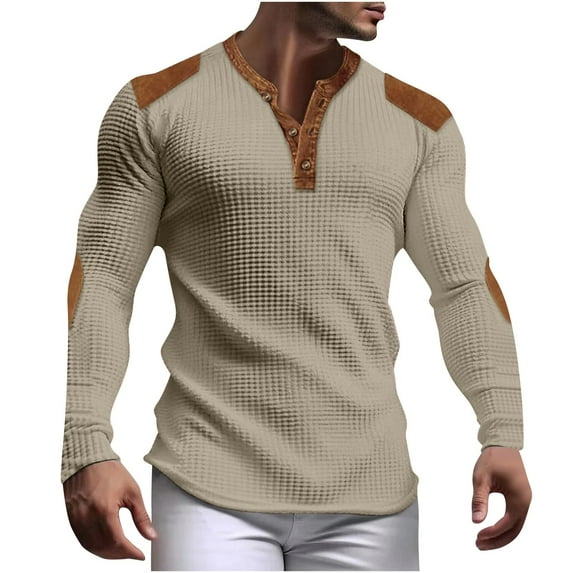 Dagegui Long Sleeve T-Shirts for Men Fall V Neck Buttons Pullover Shirts Fashion Color Block Workout Muscle Shirt Vintage Casual Outdoor Sport Tops Khaki XL