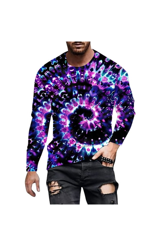 Long Sleeve T-Shirts for Men Fashion Tie Dye Crew Neck Shirts Big and Tall Colorful Outdoor Athletic Shirt Casual Beach Travel Tees Tops Purple 5XL