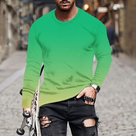 Dagegui Long Sleeve T-Shirts for Men Gradient Color Tie Dye Shirt Big and Tall Loose Fit Casual Pullover Shirts Fall Basic Crewneck Tees Tops Green 2XL