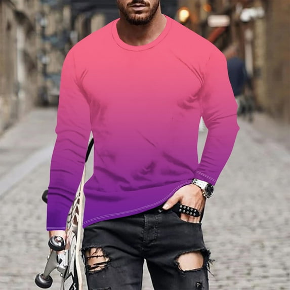 Dagegui Long Sleeve T-Shirts for Men Gradient Color Tie Dye Shirt Big and Tall Loose Fit Casual Pullover Shirts Fall Basic Crewneck Tees Tops Pink 2XL