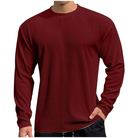 Dagegui Men's Casual Shirts Knitted Ribbed Long Sleeve Solid Crewneck Pullover Tops Big and Tall Workout Sport T Shirt Today Deals Clearance Items Wine,M