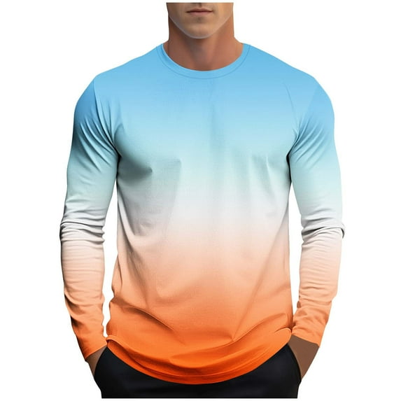 Dagegui Long Sleeve T-Shirts for Men Trendy Gradient Color Crewneck Tops Fall Pullover Big and Tall Athletic Tee Orange XXXL