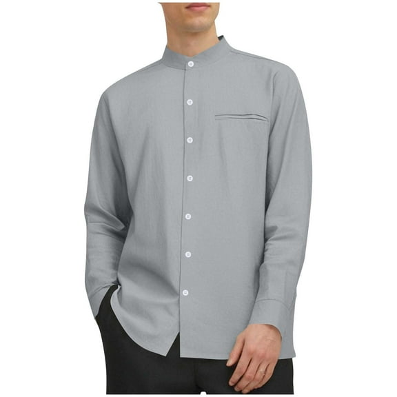 Dagegui Mandarin Collar Shirts for Men Cotton Linen Long Sleeve Button Down T-Shirt Solid Color Dress Work Tops with Chest Pocket Gray M