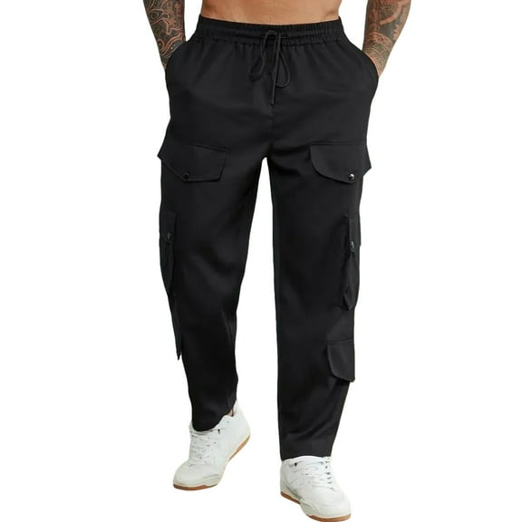 Dagegui Men Cargo Pants Drawstring Casual Stretch Waist Joggers Loose Outdoor Hiking Athletic Pant with Pockets Black 2XL