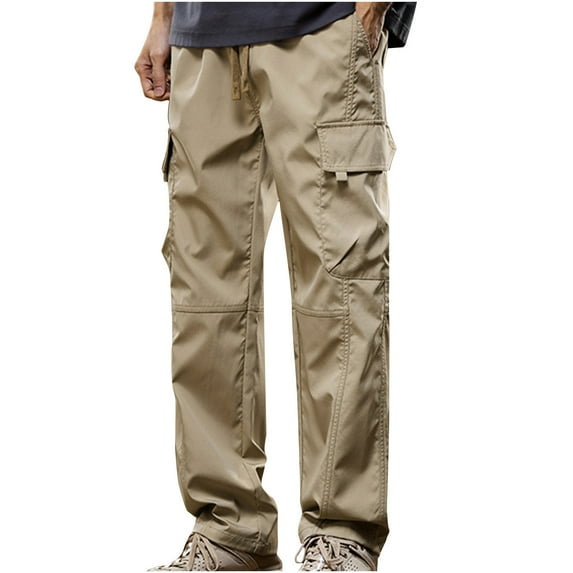 Dagegui Men Cargo Pants Drawstring Elastic Waist Straight Leg Pants Lightweight Outdoor Running Athletic Pants Multi Pockets Khaki M