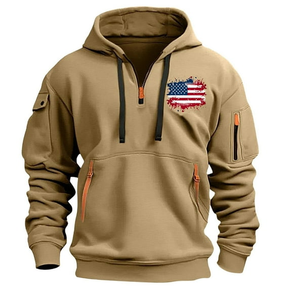 Dagegui Men's 1/4 Zip Up Hoodies Vintage USA Flag Graphic Sweatshirt Fleece Drawstring Hooded Pullover Outdoor Workout Athletic Tops with Pocket Khaki XL