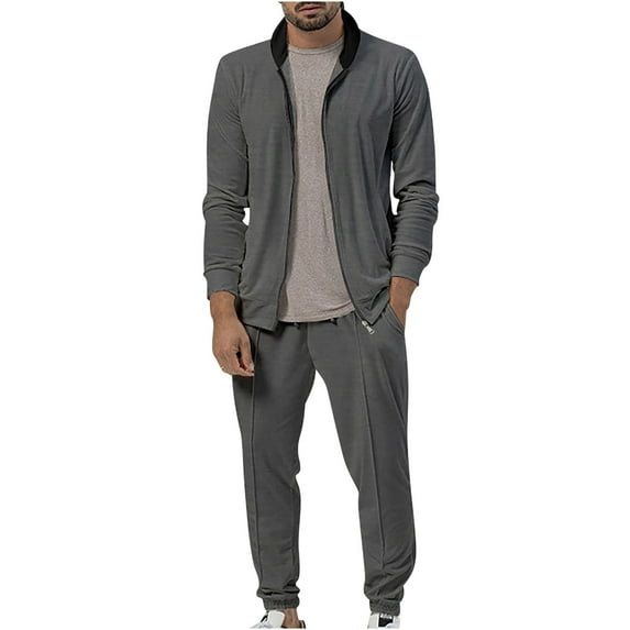 Dagegui Men's 2 Piece Tracksuits Long Set Full Zip Up Athletic Running Sweatsuits Solid Color Casual Coats Elastic Waist Sweatpant Sets Sport Outfits Dark Gray L