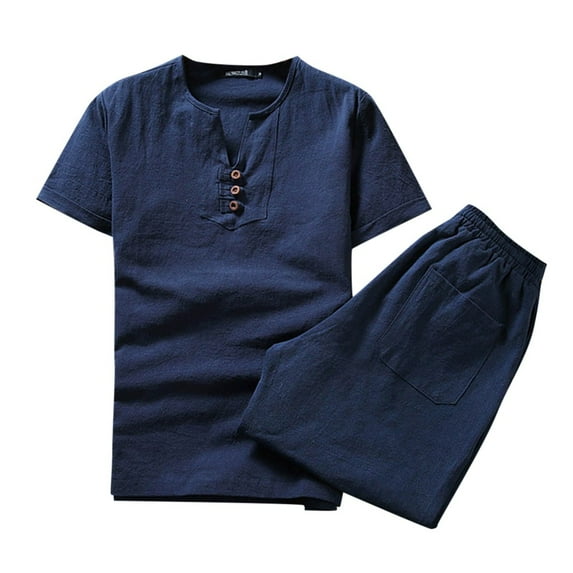 Dagegui Men's 2 Pieces Big and Tall Linen Outfits Solid Short Sleeve and Pants Sets Casual Pajamas Set Outdoor Beach Travel Outfit Clearance Sale Navy XL
