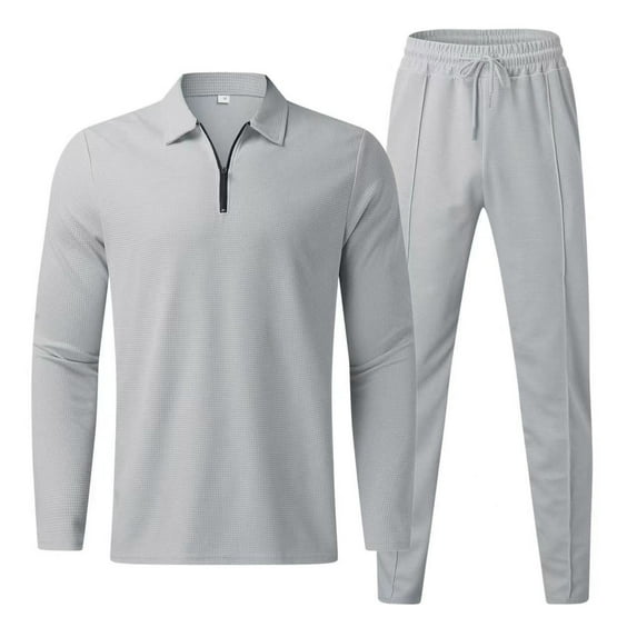 Dagegui Men's 2 Pieces Sets Waffle Long Sleeve Outfit Solid Color Lapel Half Zip Up Shirts with Pants Set Casual Outdoor Active Tracksuits Today Deals Gray XL