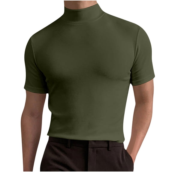 Dagegui Men's Army Green Mock Neck T-Shirts Solid Short Sleeve Shirt Slim Fit Workout Bodybuilding Tee Summer Basic Tops S