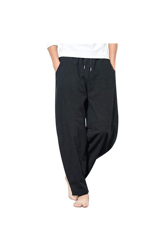 Men's Baggy Cotton Linen Pants Casual Elastic Drawstring Waist Harem Pant Loose Fit Breathable Summer Trousers on Sale Black 2XL