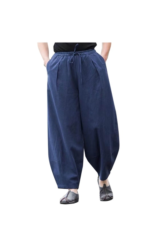 Men's Baggy Harem Pant Cotton Linen Elastic Waist Drawstring Slacks Casual Wide Leg Beach Pants with Pockets Navy M