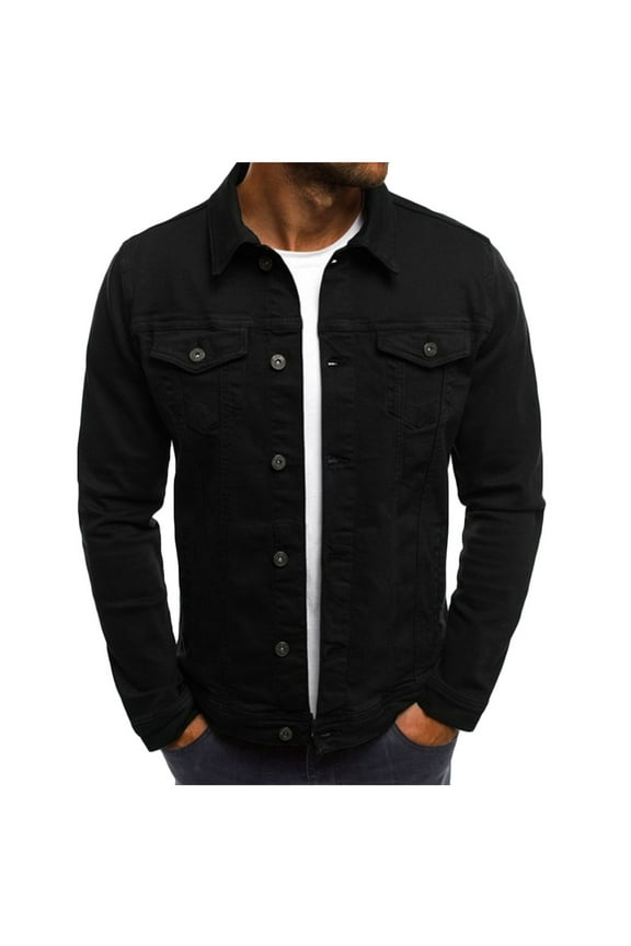 Men's Basic Denim Jackets Solid Color Button Down Jean Jacket Long Sleeve Lapel Outweat Fashion Streetwear Fall Coats with Pockets Black M
