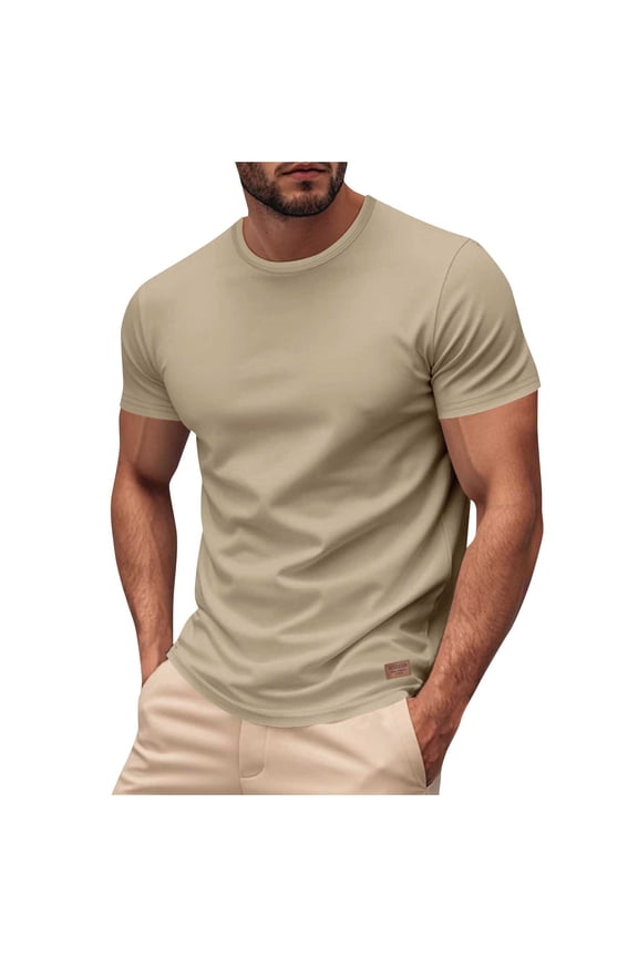 Men's Basic T Shirt Khaki Short Sleeve Crew Neck T-Shirt Casual Slim Fit Summer Tee Solid Color Daily Shirts M
