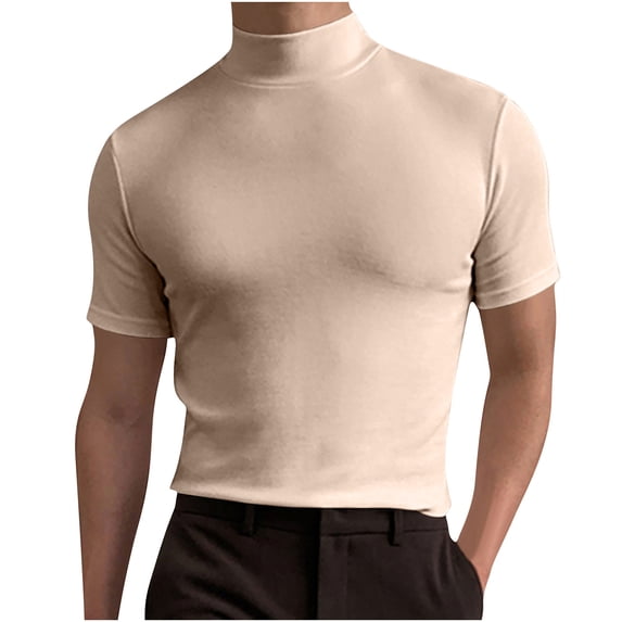 Dagegui Men's Beige Mock Neck T-Shirts Solid Short Sleeve Shirt Slim Fit Workout Bodybuilding Tee Summer Basic Tops M