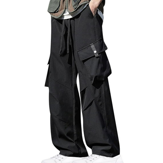 Dagegui Men's Big and Tall Athletic Pants Drawstring Elastic Waist Straight Leg Pleated Cargo Pant Outdoor Hiking Camp Fishing Trousers Black S