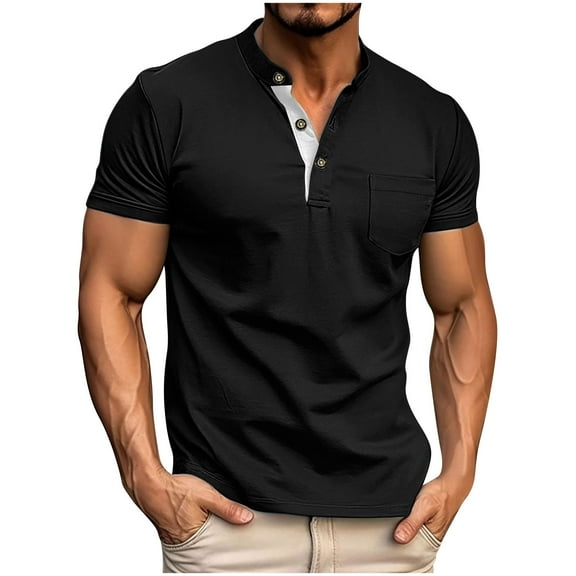 Dagegui Men's Black Henley Shirts Summer Buttons Short Sleeve T-Shirt Casual Basic Solid Lightweight Pocket Tees Tops L