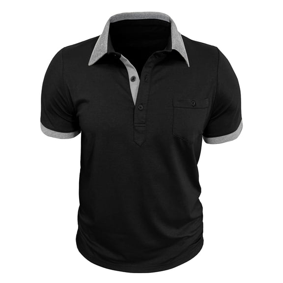 Dagegui Men's Black Shirts Collared Short Sleeve Buttons T Shirt Patchwork Turndown Collar Pullover Tops with Pocket 3X