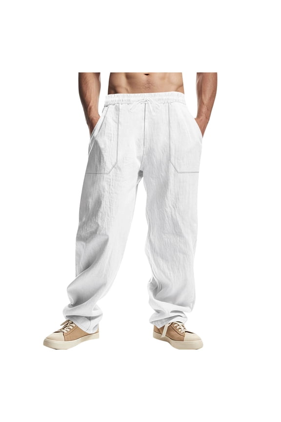 Men's Breathable Summer Pants Cotton Linen Elastic Waist Drawstring Slacks Solid Color Wide Leg Beach Pant with Pocket White L
