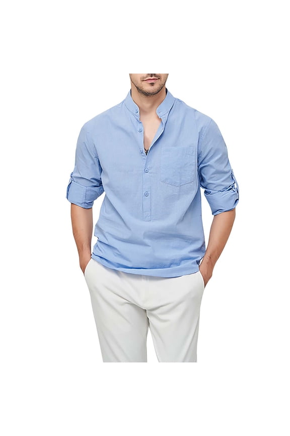 Men's Button Down Henley Shirt Cotton Linen Long Sleeve Pullover Casual Beach Shirts Lightweight Summer Tops with Chest Pocket Light Blue XL
