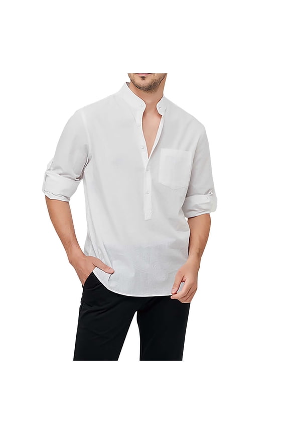 Men's Button Down Henley Shirt Cotton Linen Long Sleeve Pullover Casual Beach Shirts Lightweight Summer Tops with Chest Pocket White S