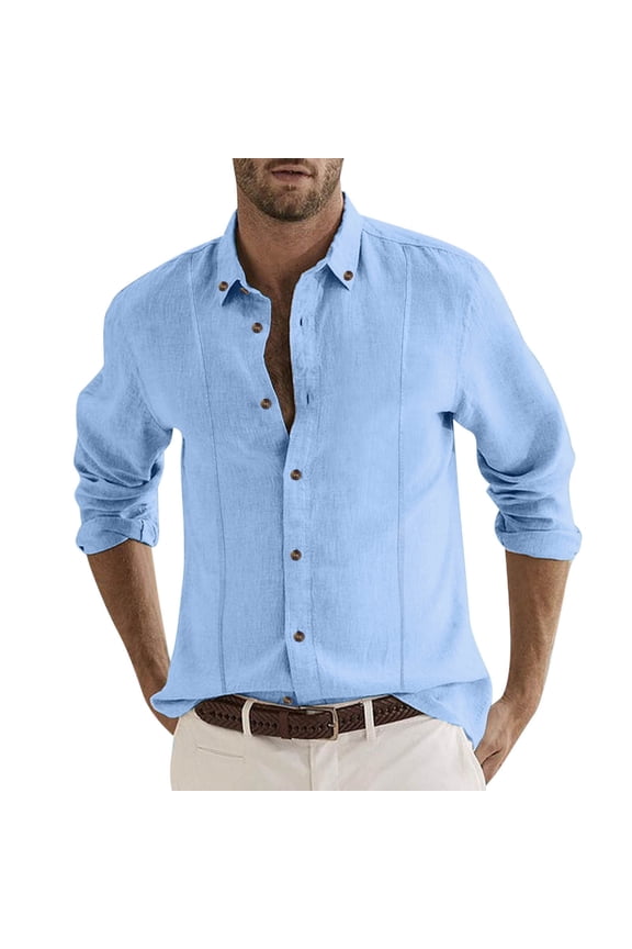 Men's Button Down Linen Shirts Solid Turndown Collar Long Sleeve Beach Tee Semi Formal Work Shirt Tops Blue M
