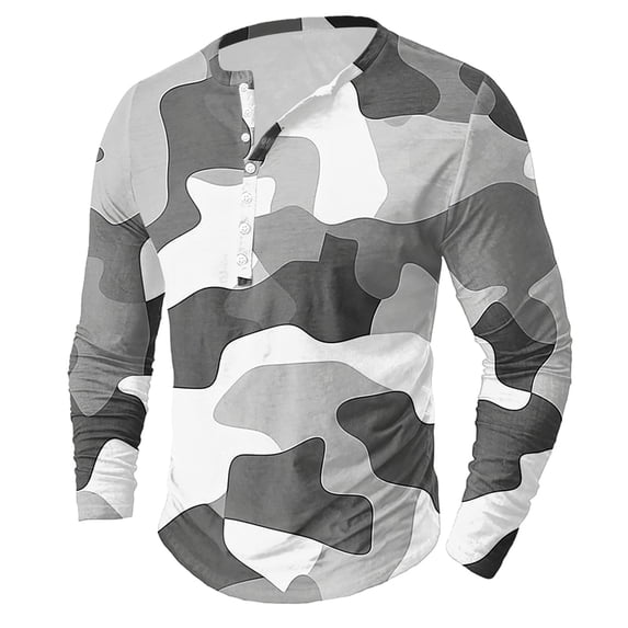 Dagegui Men's Camo Henley Shirts Long Sleeve Crewneck Button Pullover Shirt Big and Tall Slim Fit Athletic T-Shirts Outdoor Camouflage Hiking Tees Light Gray L