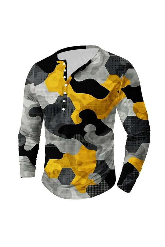 Men's Camo Henley Shirts Long Sleeve Crewneck Button Pullover Shirt Big and Tall Slim Fit Athletic T-Shirts Outdoor Camouflage Hiking Tees Yellow 2XL