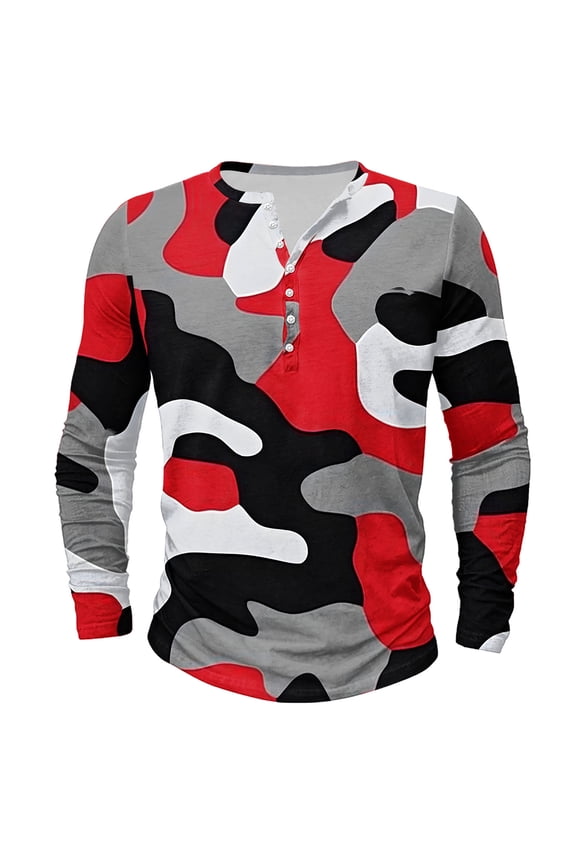 Men's Camo Henley Shirts Long Sleeve Crewneck Button Shirt Big and Tall Camouflage Athletic Tees Fall Outdoor Hiking Camping Tops Camouflage 2XL