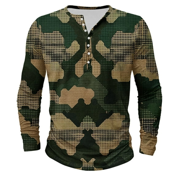 Dagegui Men's Camo Henley Shirts Long Sleeve Crewneck Button Shirt Big and Tall Camouflage Athletic Tees Fall Outdoor Hiking Camping Tops Green 3XL