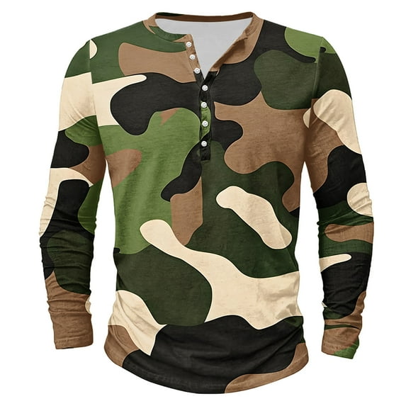 Dagegui Men's Camo Henley Shirts Long Sleeve Crewneck Button Shirt Big and Tall Camouflage Athletic Tees Fall Outdoor Hiking Camping Tops Yellow S