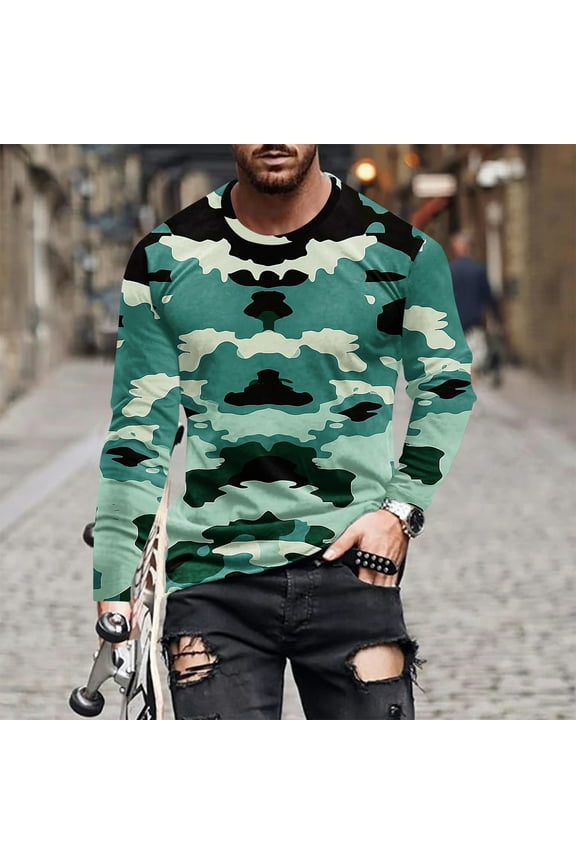 Men's Camo Long Sleeve Fall Shirts Casual Crewneck Pullover Shirt Slim-Fit Camouflage Print Athletic Tees Tops Outdoor Vacation Travel T-Shirts Green M