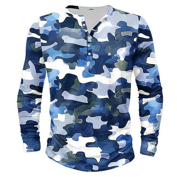 Dagegui Men's Camo Long Sleeve Henley Shirts Camouflage Crewneck Buttons Shirt Big and Tall Slim Fit Athletic Tees Fall Outdoor Hiking Camping Tops Blue 5XL