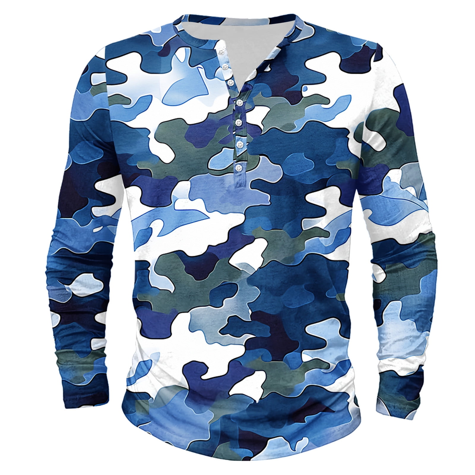Dagegui Men's Camo Long Sleeve Henley Shirts Camouflage Crewneck