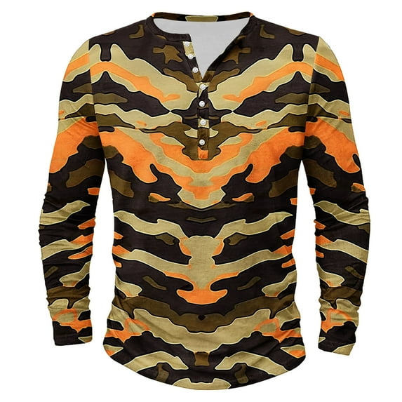 Dagegui Men's Camo Long Sleeve Henley Shirts Camouflage Crewneck Buttons Shirt Big and Tall Slim Fit Athletic Tees Fall Outdoor Hiking Camping Tops Today Clearance Khaki 5XL