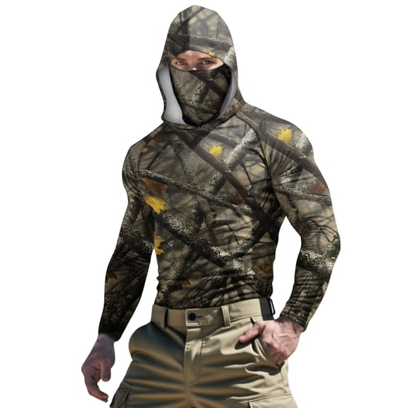 Dagegui Men's Camo Sun Shirt with Face Mask UV Protection Long Sleeve Quick Dry Hiking Fishing Travel Hoodies Outdoor Wear 002 Camouflage XXL