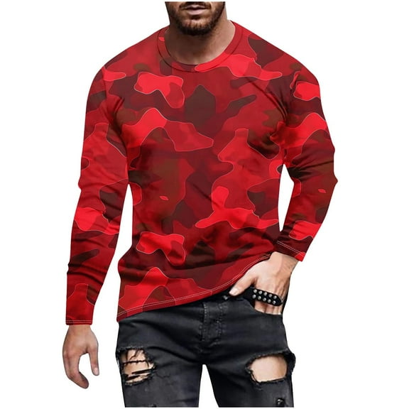 Dagegui Men's Camouflage Shirts Long Sleeve Round Neck T-Shirts Camo Print Tees Lightweight Running Workout Tops Loose Fit Pullovers Red,S