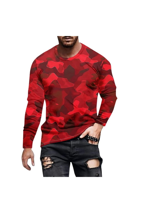 Men's Camouflage Shirts Long Sleeve Round Neck T-Shirts Camo Print Tees Lightweight Running Workout Tops Loose Fit Pullovers Red,XL