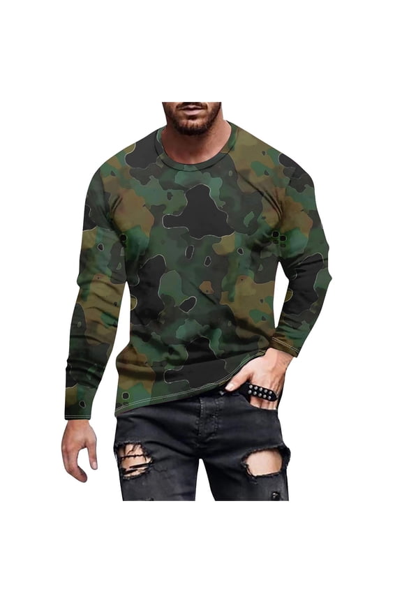 Men's Camouflage Shirts Long Sleeve Round Neck T-Shirts Camo Print Tees Lightweight Running Workout Tops Loose Fit Pullovers Army Green,XL