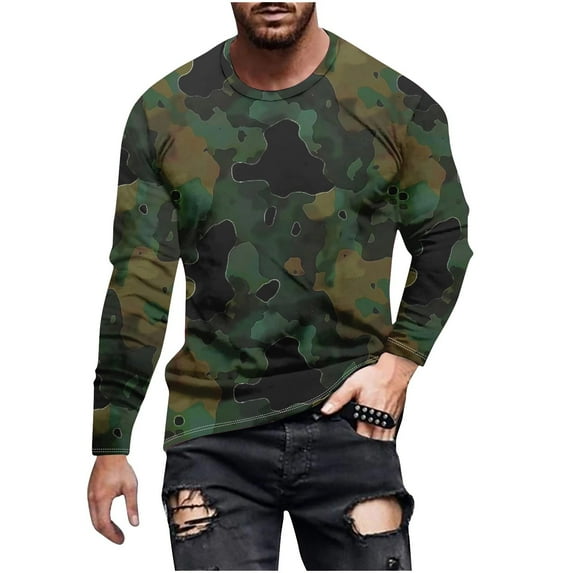 Dagegui Men's Camouflage Shirts Long Sleeve Round Neck T-Shirts Camo Print Tees Lightweight Running Workout Tops Loose Fit Pullovers Army Green,L