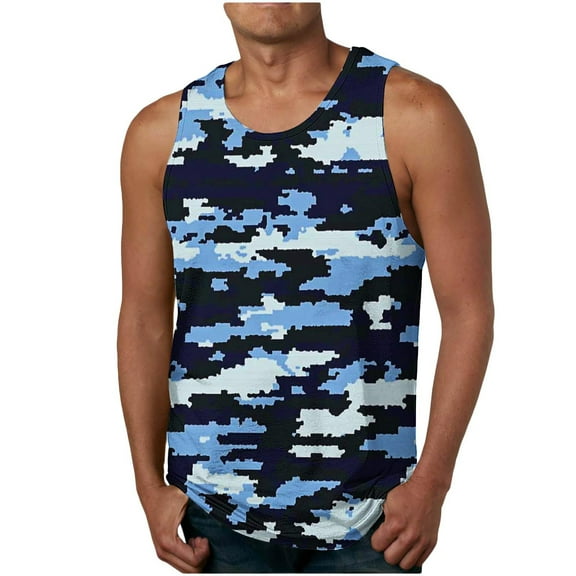 Dagegui Men's Camouflage Tank Tops Summer Sleeveless Crewneck T-Shirts Cotton Casual Loose Fit Tanks Lightweight Everyday Lounge Tees Blue L