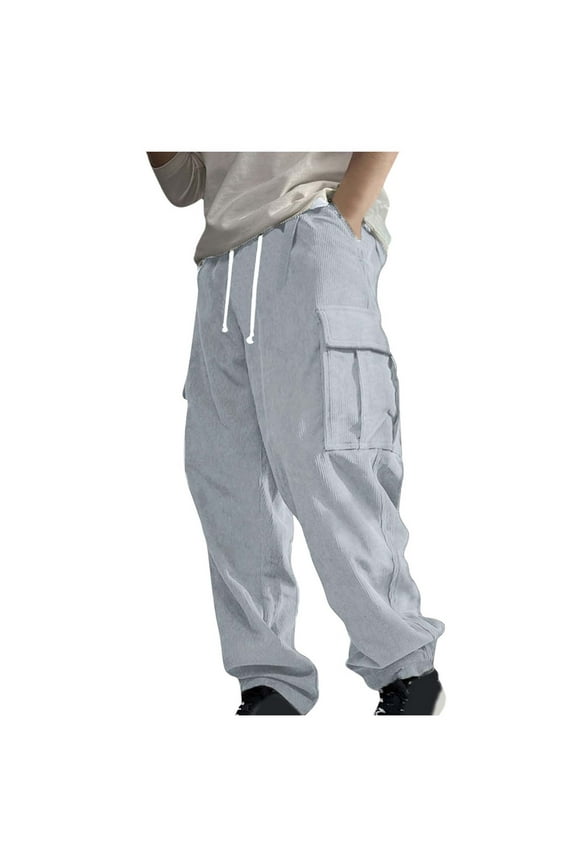 Men's Cargo Pants Casual Corduroy Straight Fit Tactical Pants Fashion Elastic Waist Sweatpants with Pockets Loose-Fit Hip Hop Long Pants
